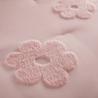 Gracie Floral Reversible Tufted Chenille Comforter Set with Flower Throw Pillow - Pink