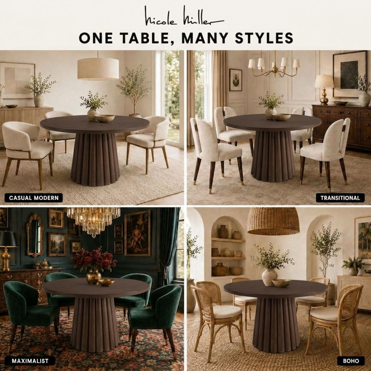Camden Fluted 46"D Round Fluted Pedestal Wood Dining Table - Walnut Brown