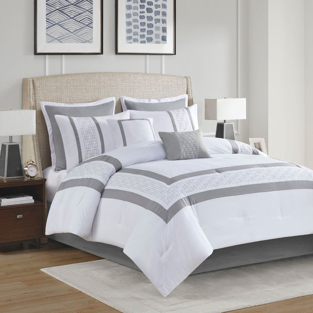 Powell 8 Piece Embroidered Comforter Set - White