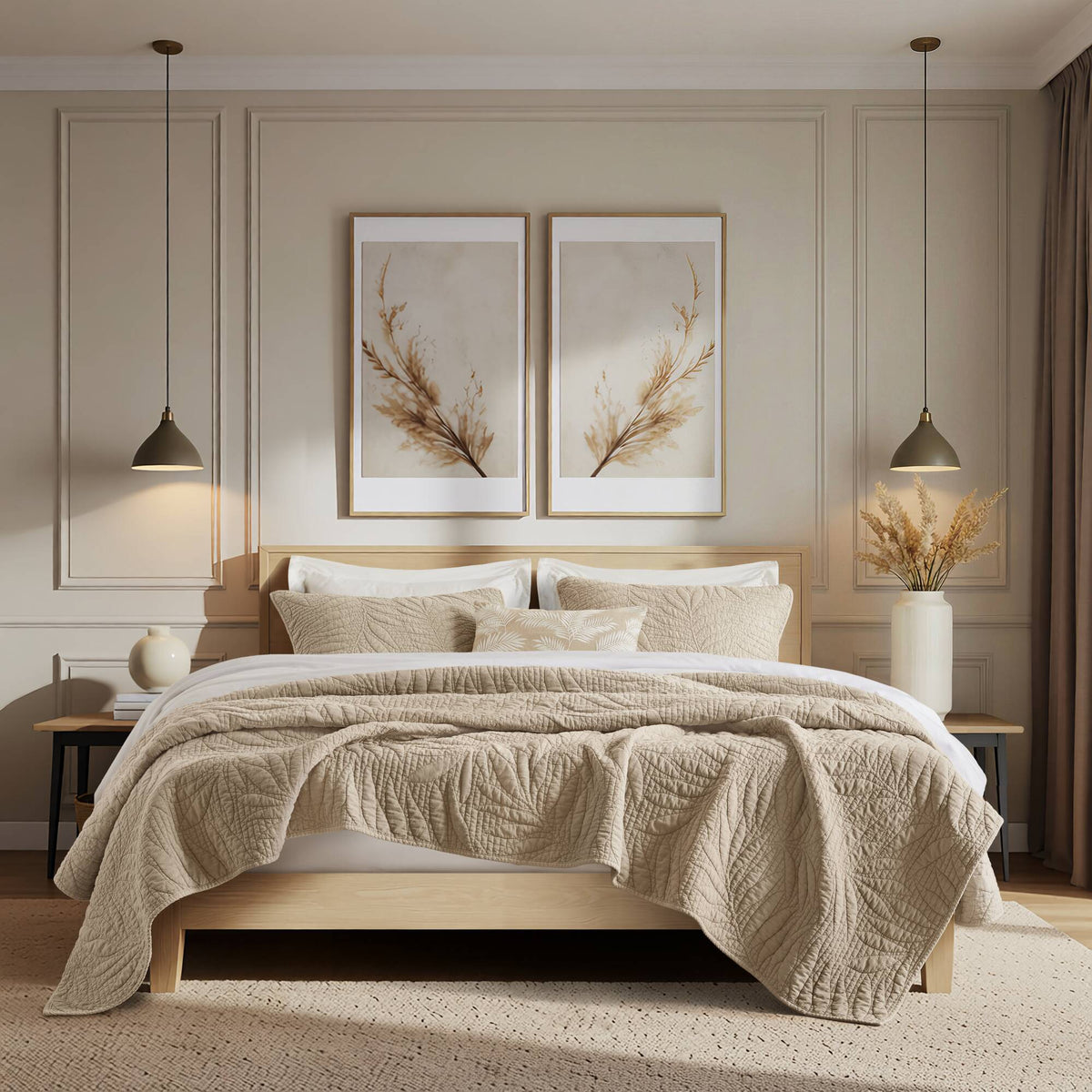 Botanical Leaves 3 Piece Cotton Quilt Set - Linen