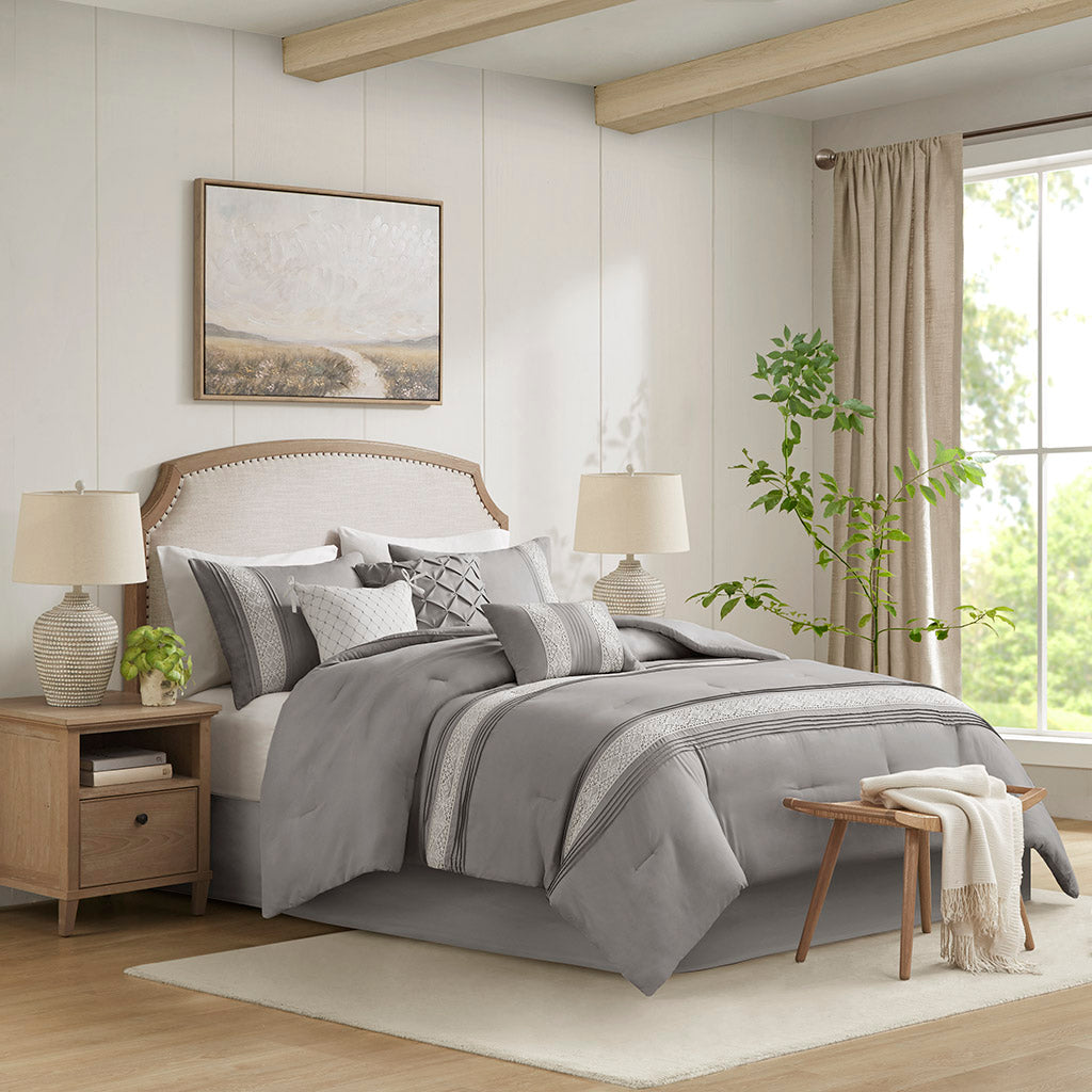 Lacey 7 Piece Lace Trim Comforter Set with Throw Pillows - Grey