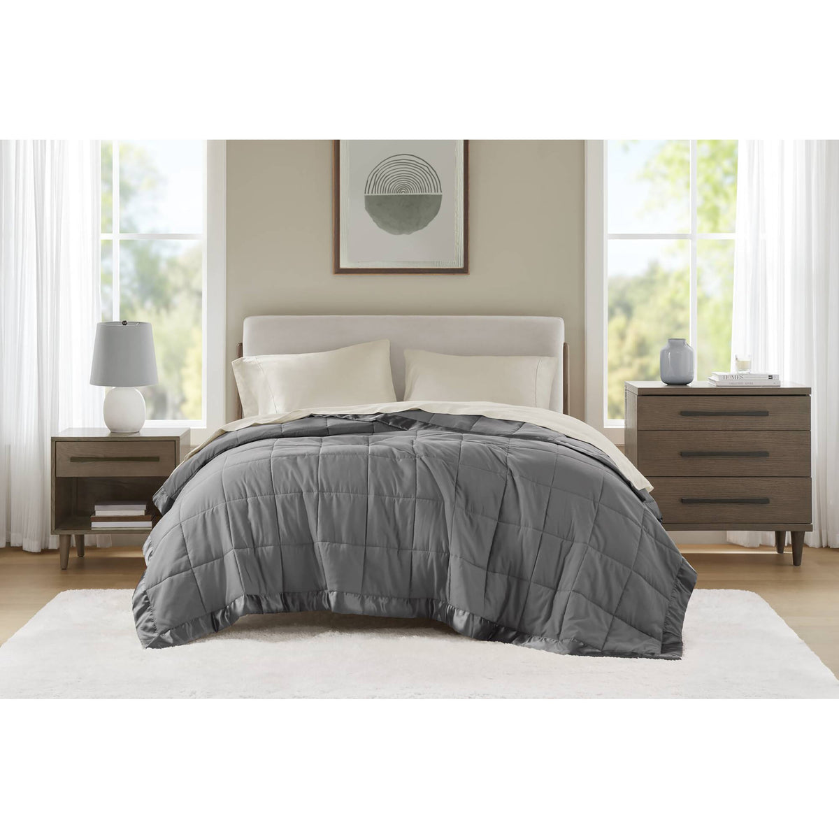 Windom Lightweight Down Alternative Blanket with Satin Trim - Charcoal