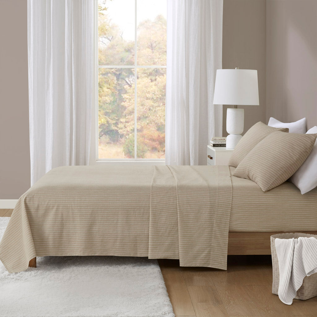 Oversized Cotton Flannel 4 Piece Sheet Set - Beige/White Stripes