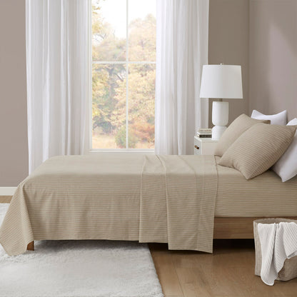 Oversized Cotton Flannel 4 Piece Sheet Set - Beige/White Stripes