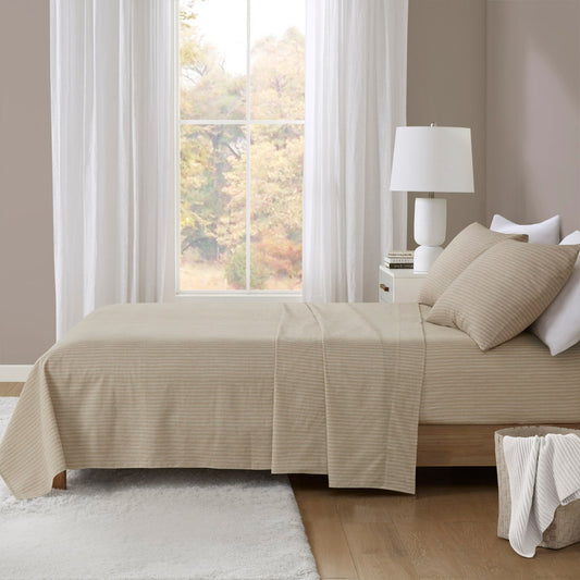 Oversized Cotton Flannel 4 Piece Sheet Set - Beige/White Stripes