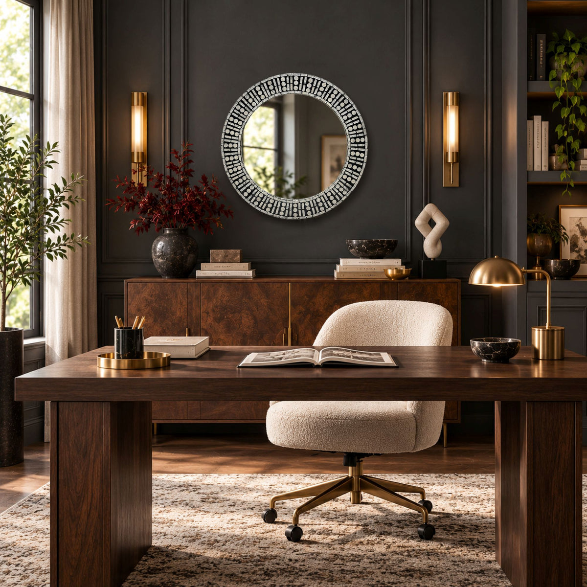 24"D Round Capiz Shell Mosaic Wall Mirror/  Odeon - Black/Natural