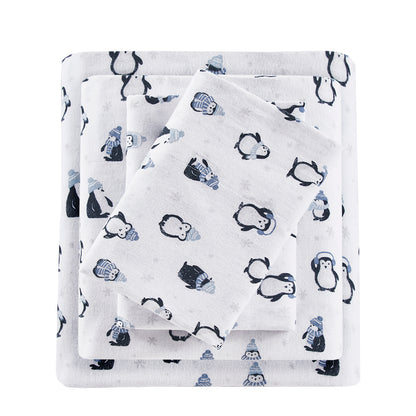 Cozy Soft Cotton Flannel Printed Sheet Set - Blue Penguins