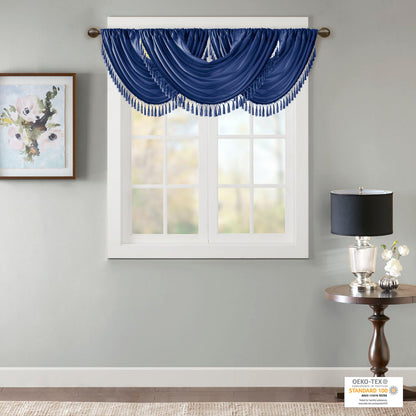 Elena Faux Silk Waterfall Embellished Valance - Navy