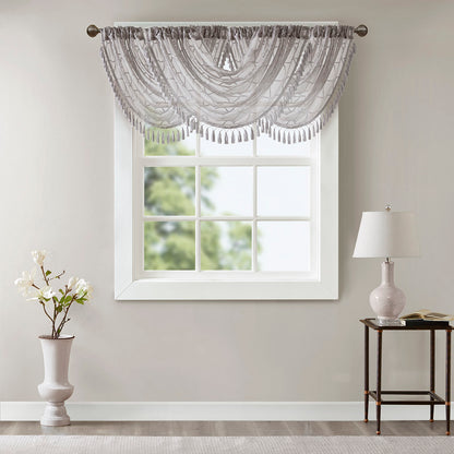 Irina Diamond Sheer Embroidered Waterfall Valance - Grey