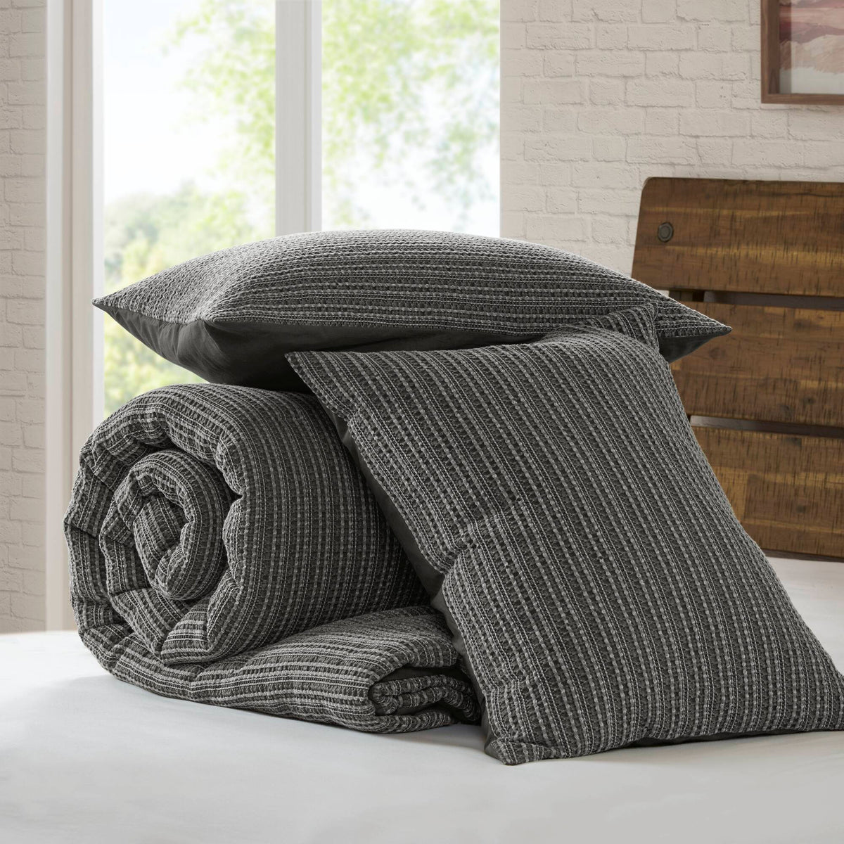 Lyon Waffle Washed Comforter Set - Charcoal
