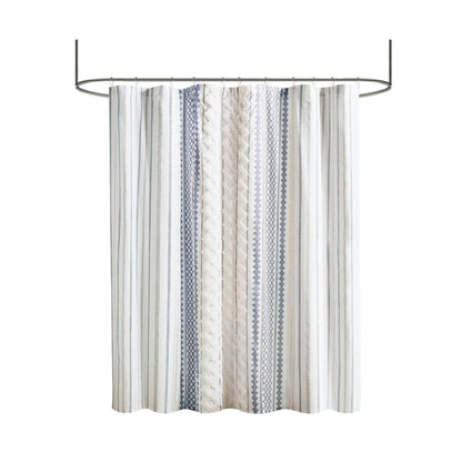 Imani Cotton Printed Shower Curtain with Chenille - White/Navy