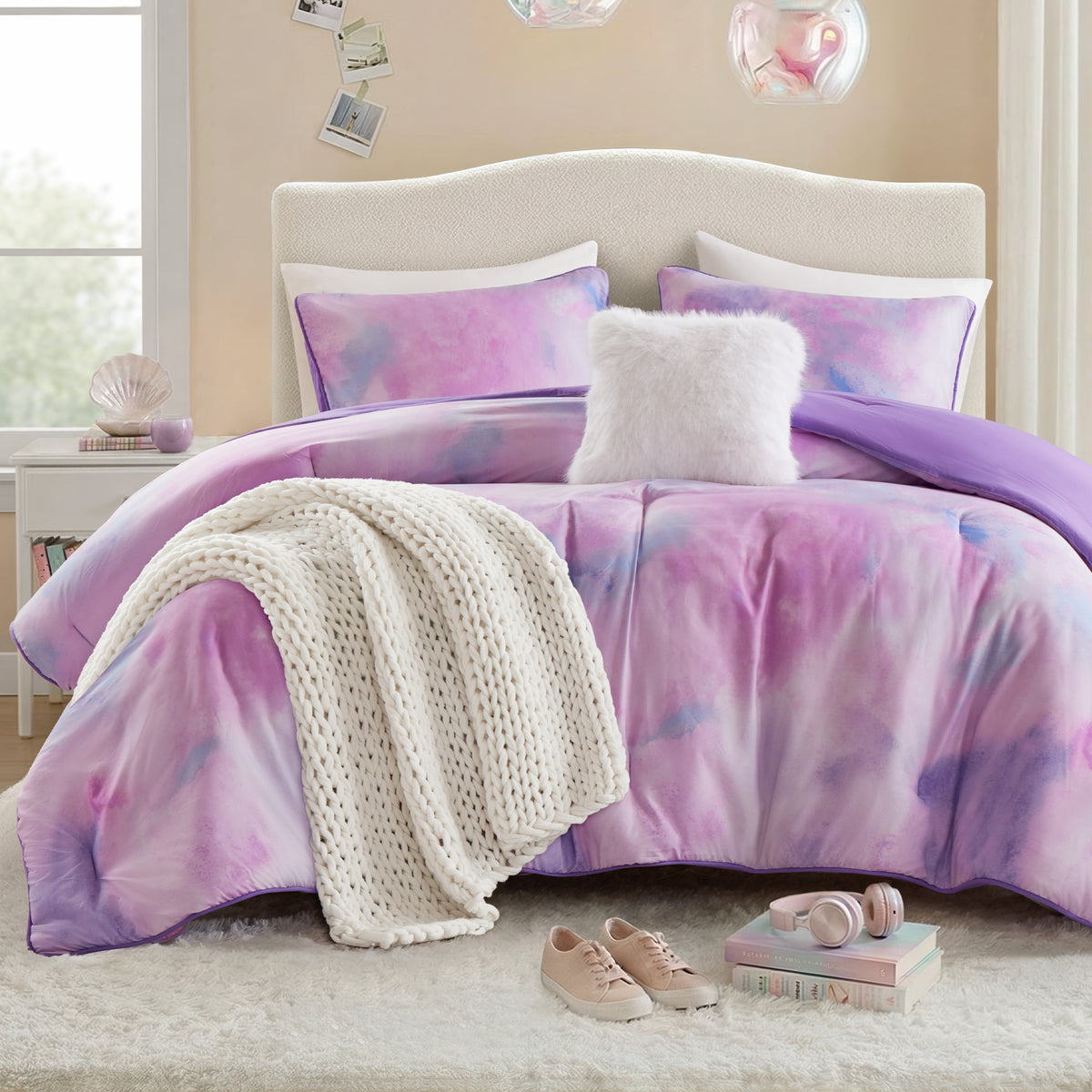 Cassiopeia Watercolor Tie Dye Printed Comforter Set with Throw Pillow - Purple
