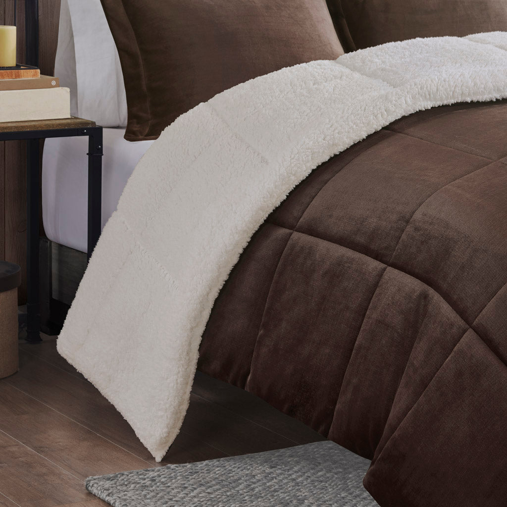 Alton Plush to Sherpa Down Alternative Comforter Set - Brown/Ivory