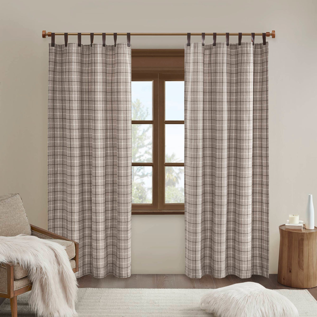 Anaheim Plaid Faux Leather Tab Top Curtain Panel with Fleece Lining - Brown