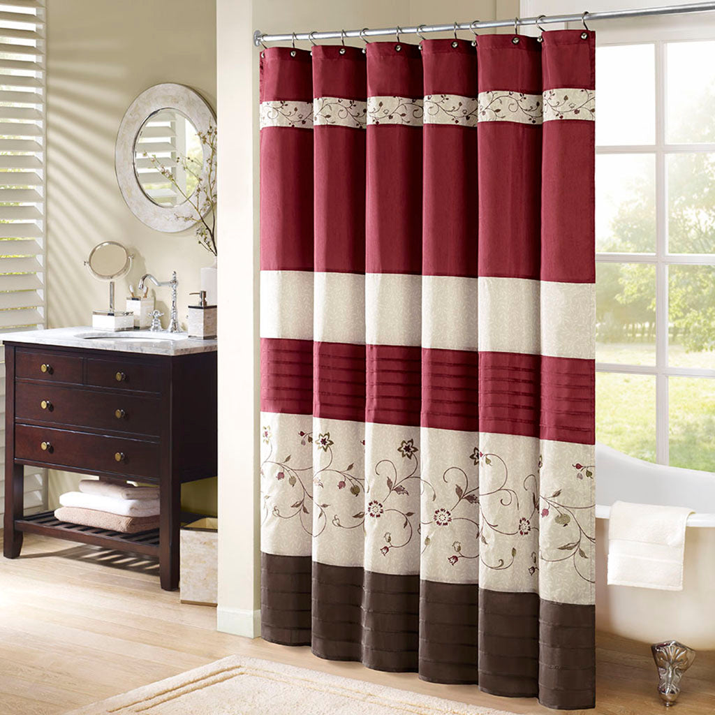 Serene Faux Silk Embroidered Floral Shower Curtain - Red