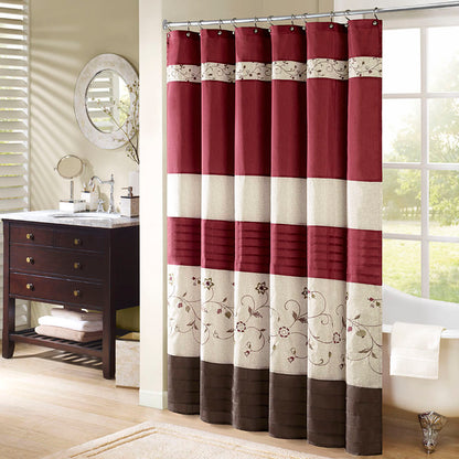 Serene Faux Silk Embroidered Floral Shower Curtain - Red