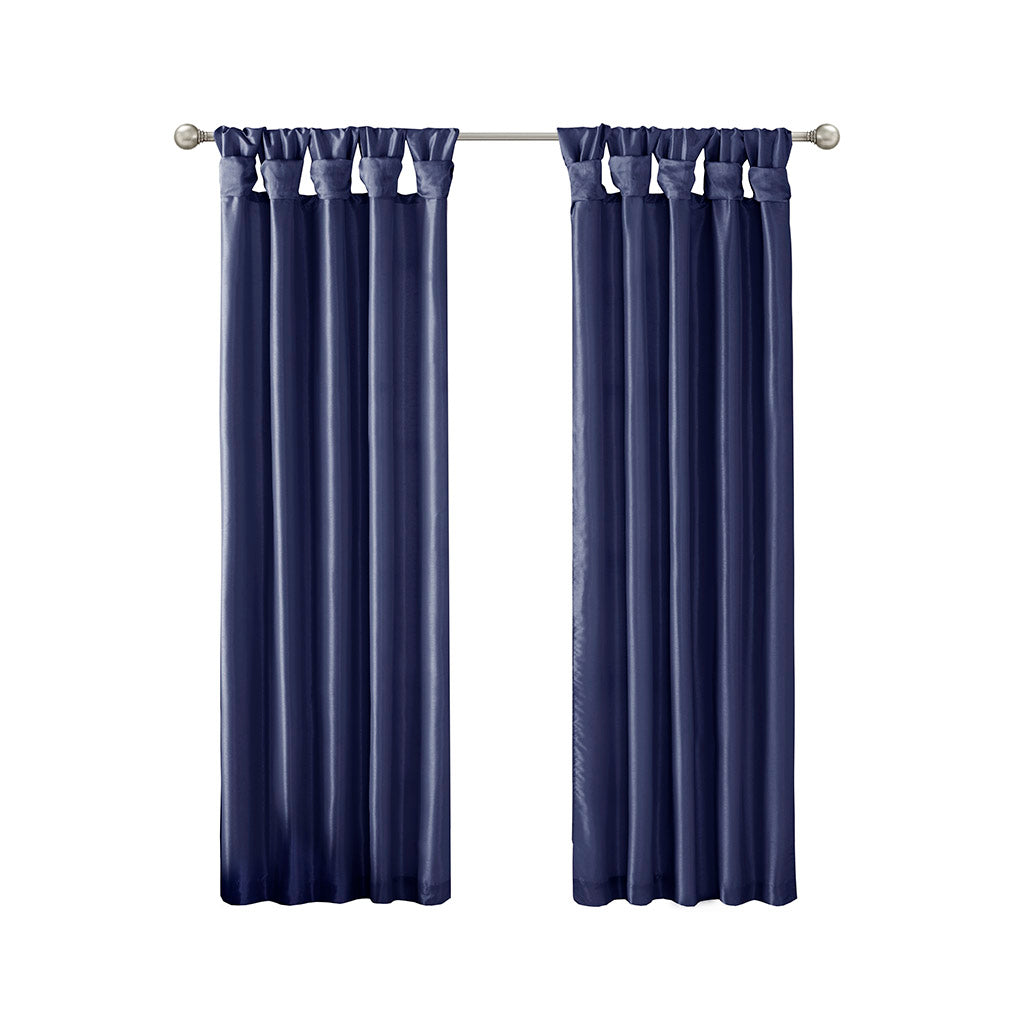 Emilia 100% Polyester Solid Faux Silk Lined Twist Tab Window Curtain - Navy