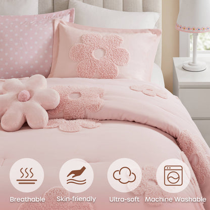 Gracie Floral Reversible Tufted Chenille Comforter Set with Flower Throw Pillow - Pink