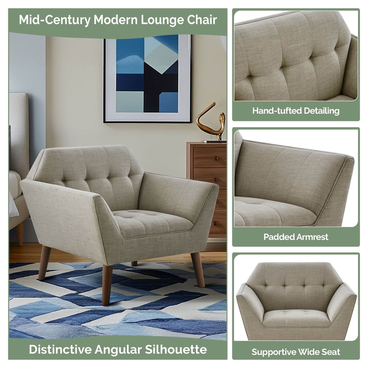 Newport Wide Mid-Century Modern Lounge Chair - Light Grey