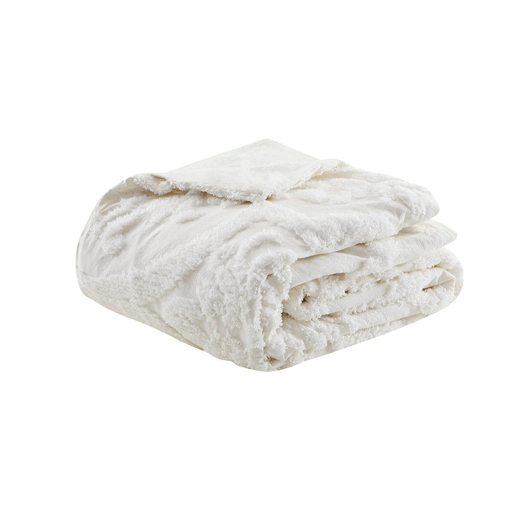 Viola 3 Piece Tufted Cotton Chenille Damask Duvet Cover Set - Off-White