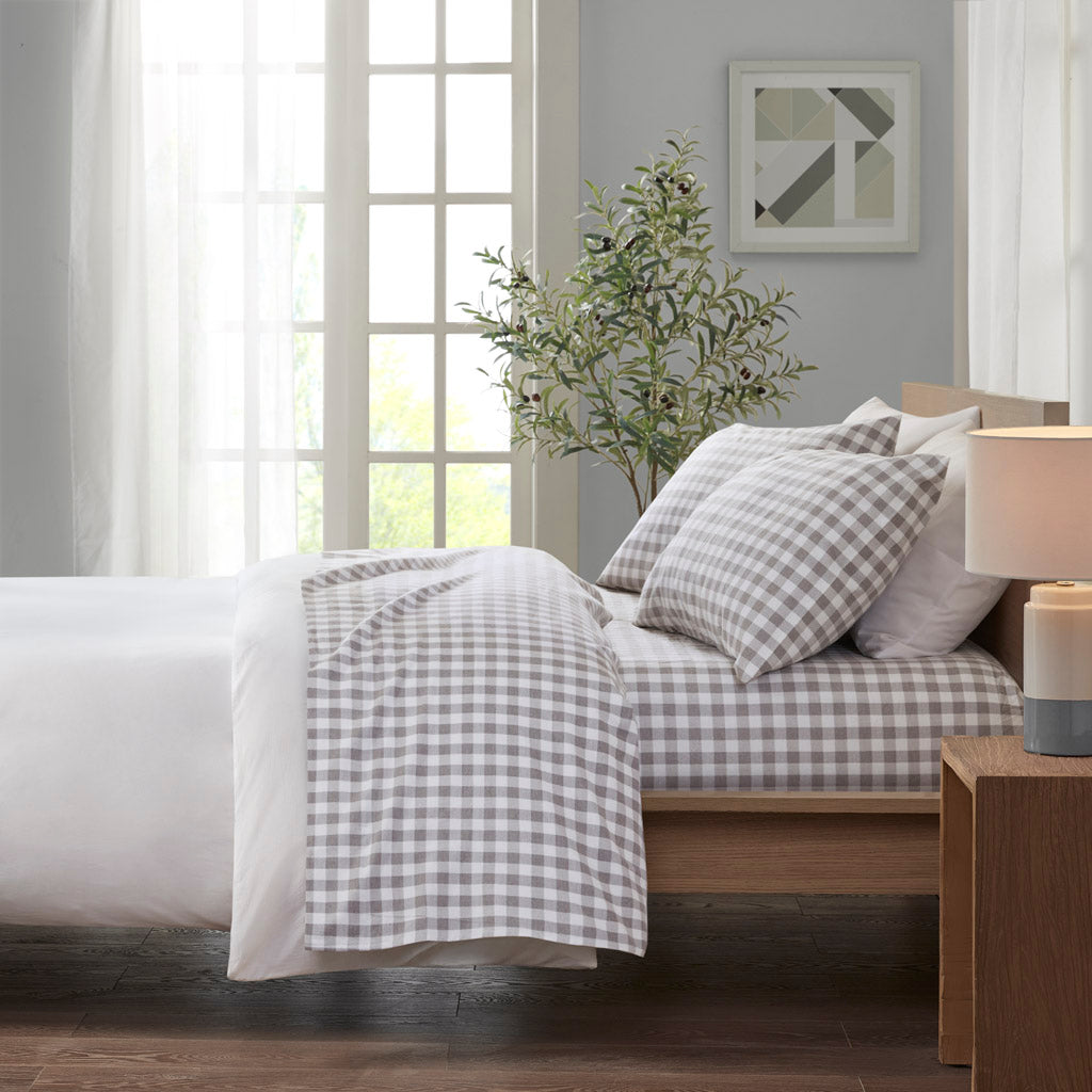 Cozy Cotton Flannel Printed Sheet Set - Gray Herringbone Check
