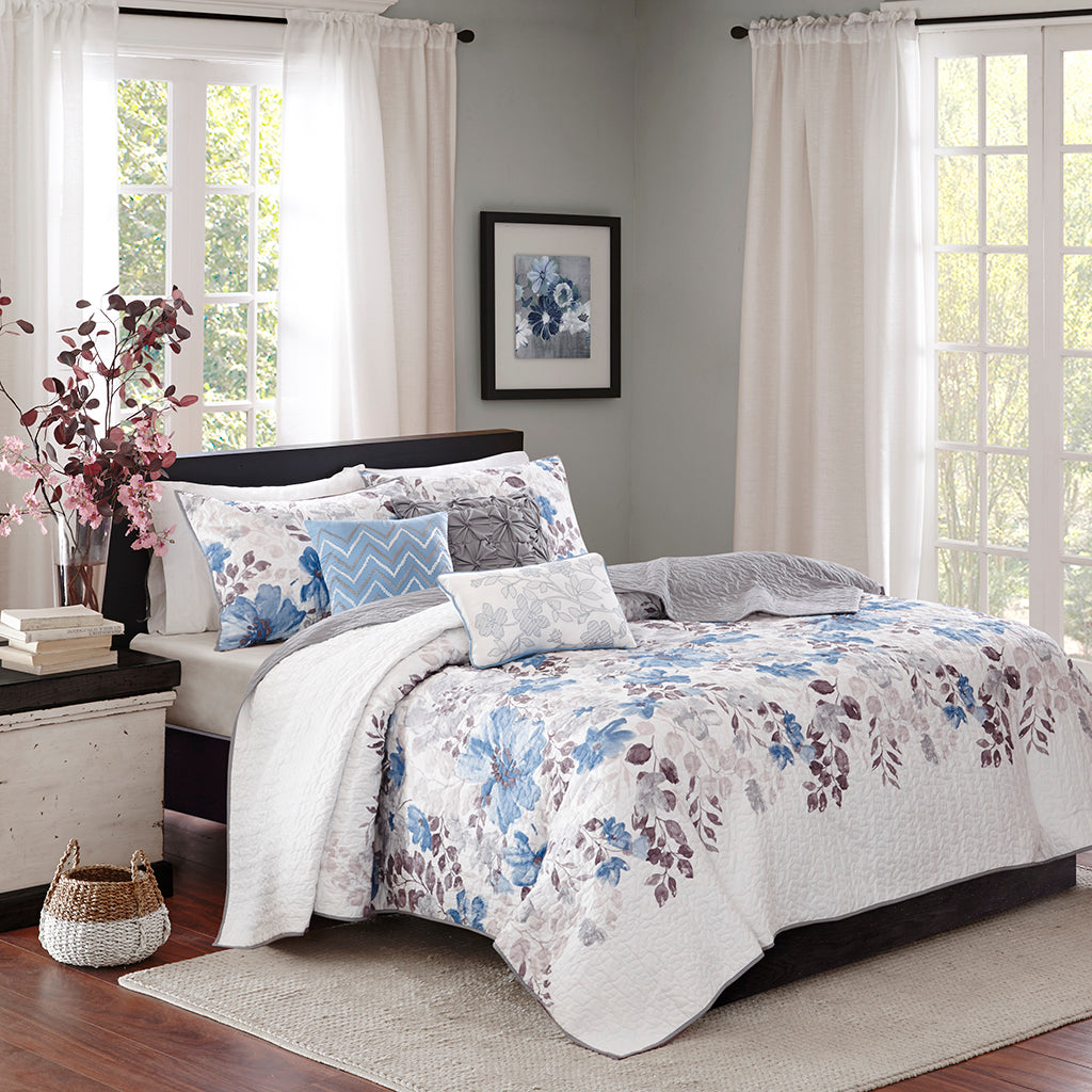 Luna 6 Piece Printed Quilt Set with Throw Pillows - Blue
