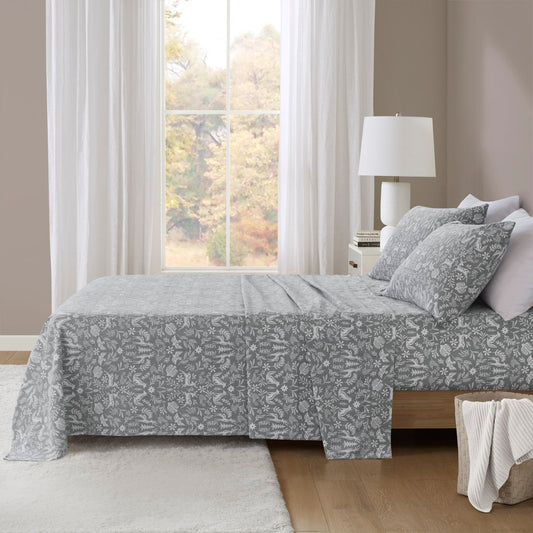 Oversized Cotton Flannel 4 Piece Sheet Set - Sage Winter Fauna