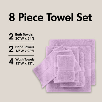 800GSM 100% Cotton 8 Piece Towel Set - Lilac