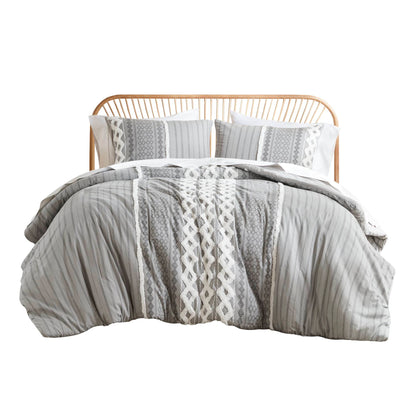 Imani Cotton Printed Duvet Cover Set with Chenille - Gray