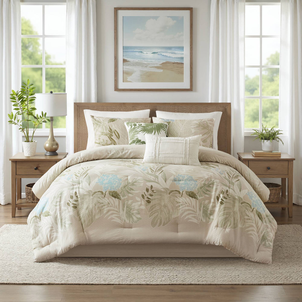 Kiawah Island 6 Piece Oversized Cotton Comforter Set with Throw Pillow - Taupe
