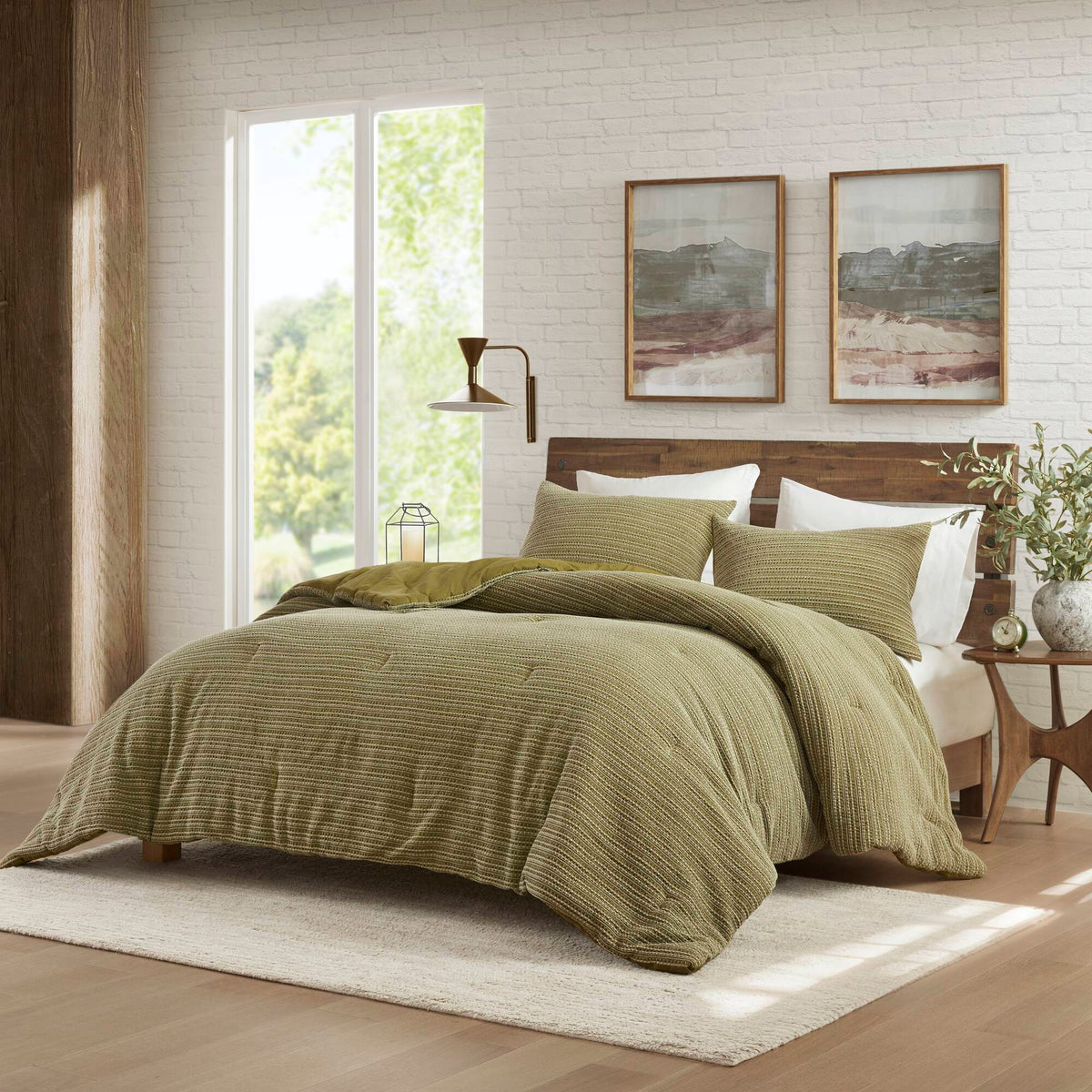 Lyon Waffle Washed Comforter Set - Green