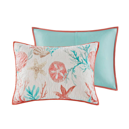 Pebble Beach 6 Piece Cotton Sateen Quilt Set with Throw Pillows - Coral