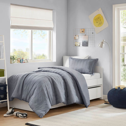 Logan Striped Reversible Pintuck Pleated Duvet Set - Blue/Grey