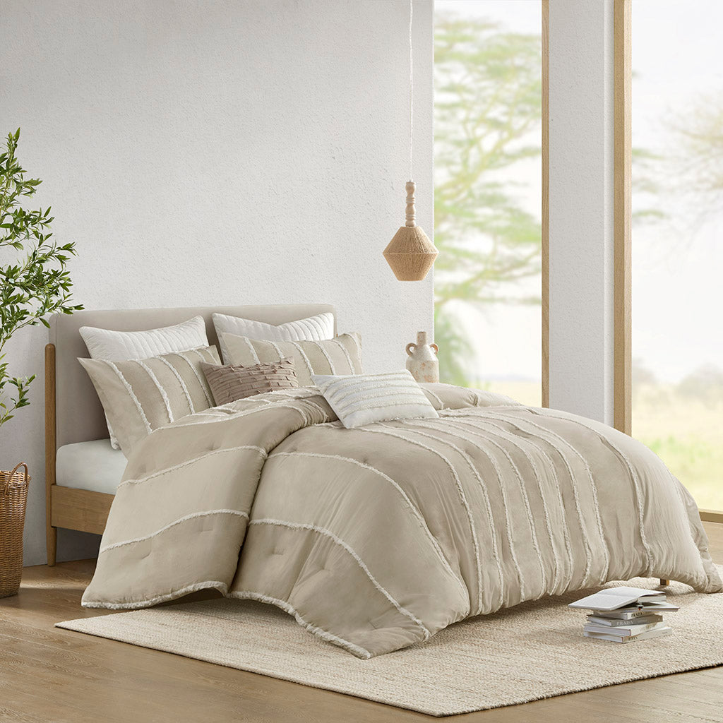 Shay 3 Piece Striped Cotton Comforter Set - Taupe