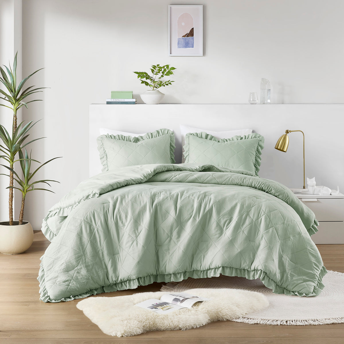 Hannah Diamond Quilted Ruffle Edge Comforter Set - Sage