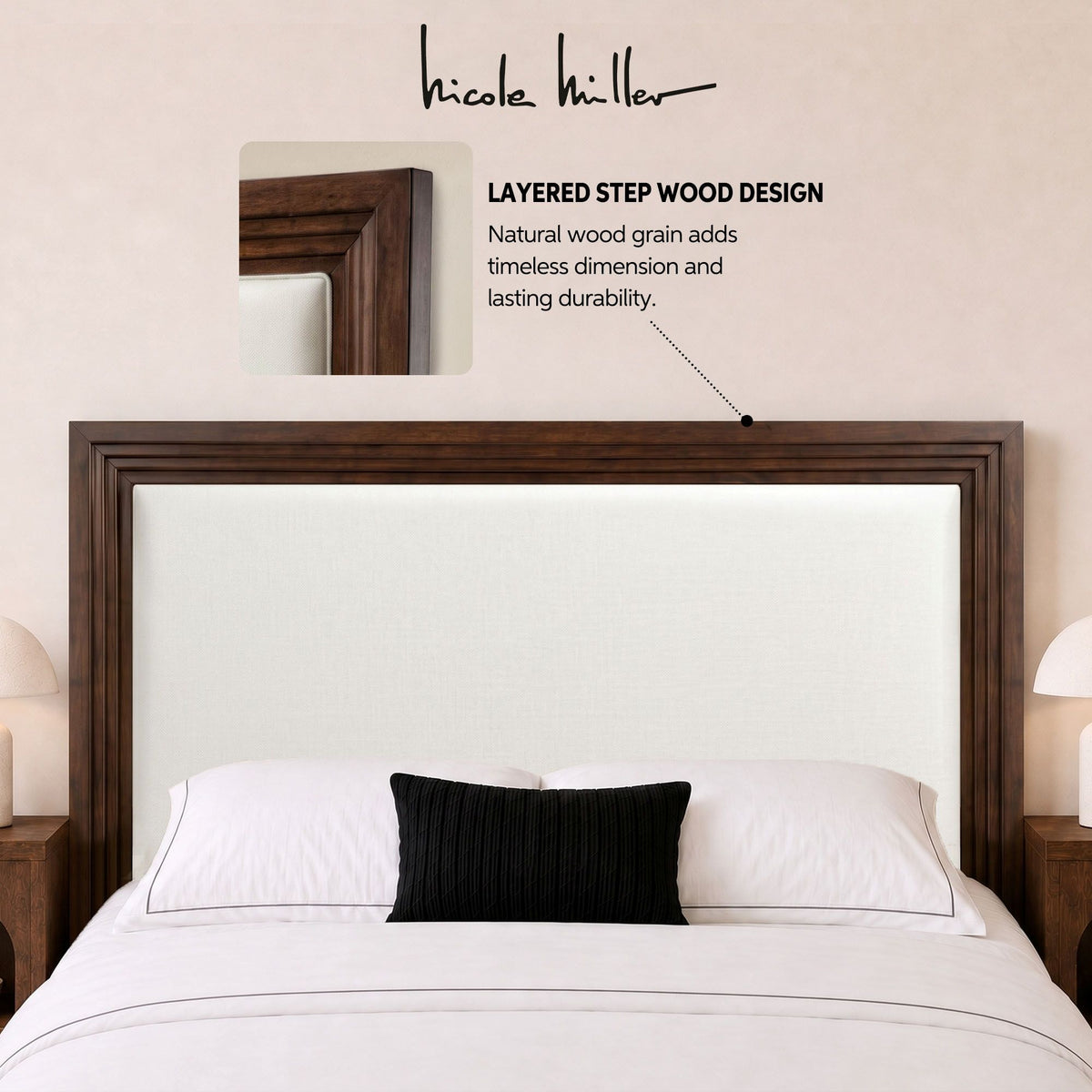 Bellamy Full/Queen Upholstered Wood Headboard with USB and USB-C charging ports - Ivory/Walnut