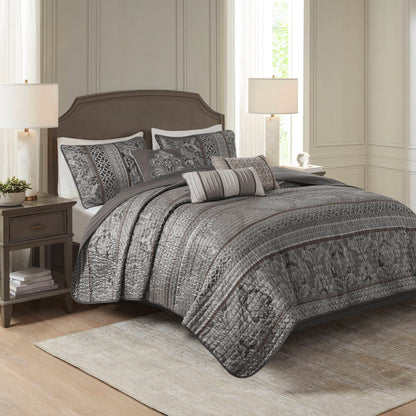 Bellagio 6 Piece Jacquard Quilt Set with Throw Pillows - Grey