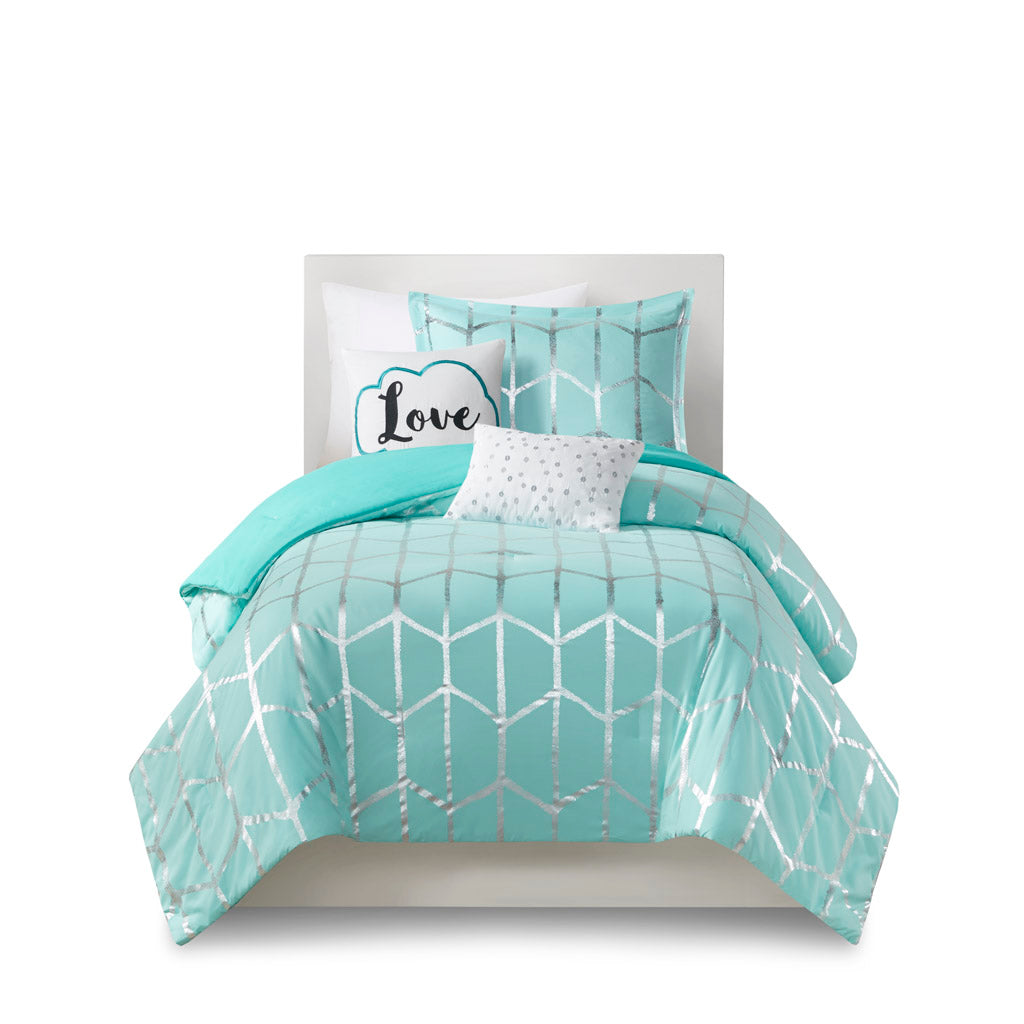 Raina Metallic Printed Comforter Set - Aqua/Silver