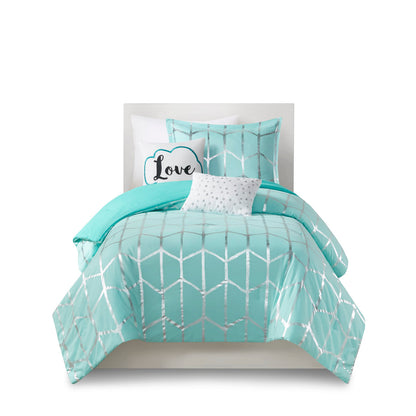 Raina Metallic Printed Comforter Set - Aqua/Silver