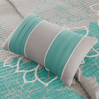 Lola 6 Piece Printed Cotton Quilt Set with Throw Pillows - Aqua