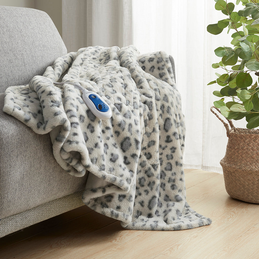 Zuri Oversized Faux Fur Heated Throw - Grey Leopard