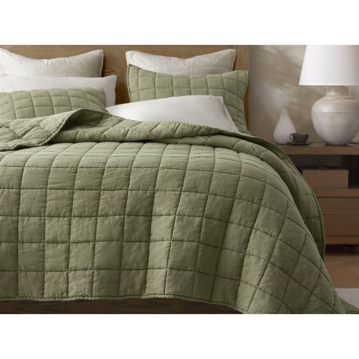 French Flax Linen Garment Washed Quilt Set - Olive Green