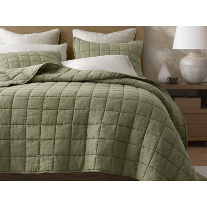 French Flax Linen Garment Washed Quilt Set - Olive Green