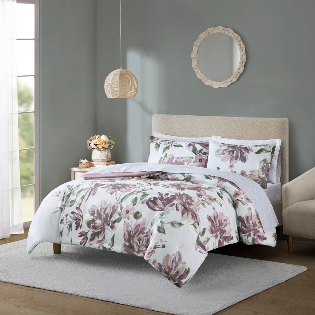 Alice Floral Comforter Set with Bed Sheets - Mauve