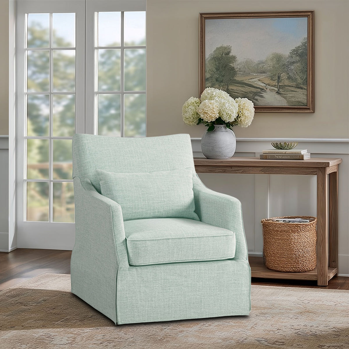London Upholstered Skirted Swivel Armchair with Lumbar Pillow - Light Green