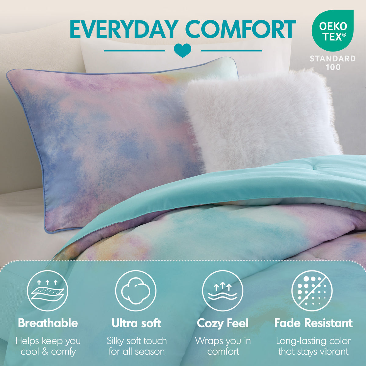 Cassiopeia Watercolor Tie Dye Printed Comforter Set with Throw Pillow - Aqua