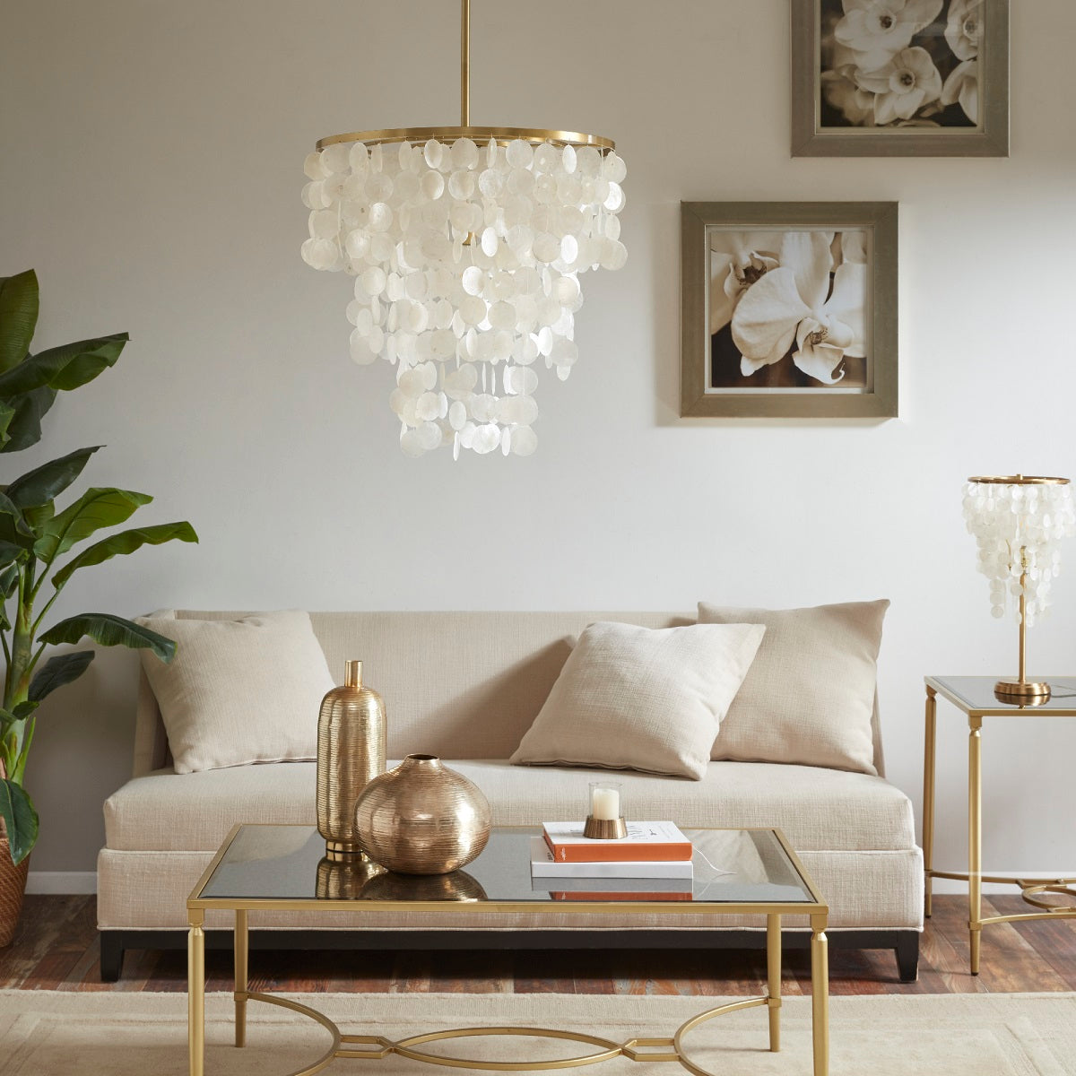 Isla Dimmable Layered Capiz Shell Chandelier - White