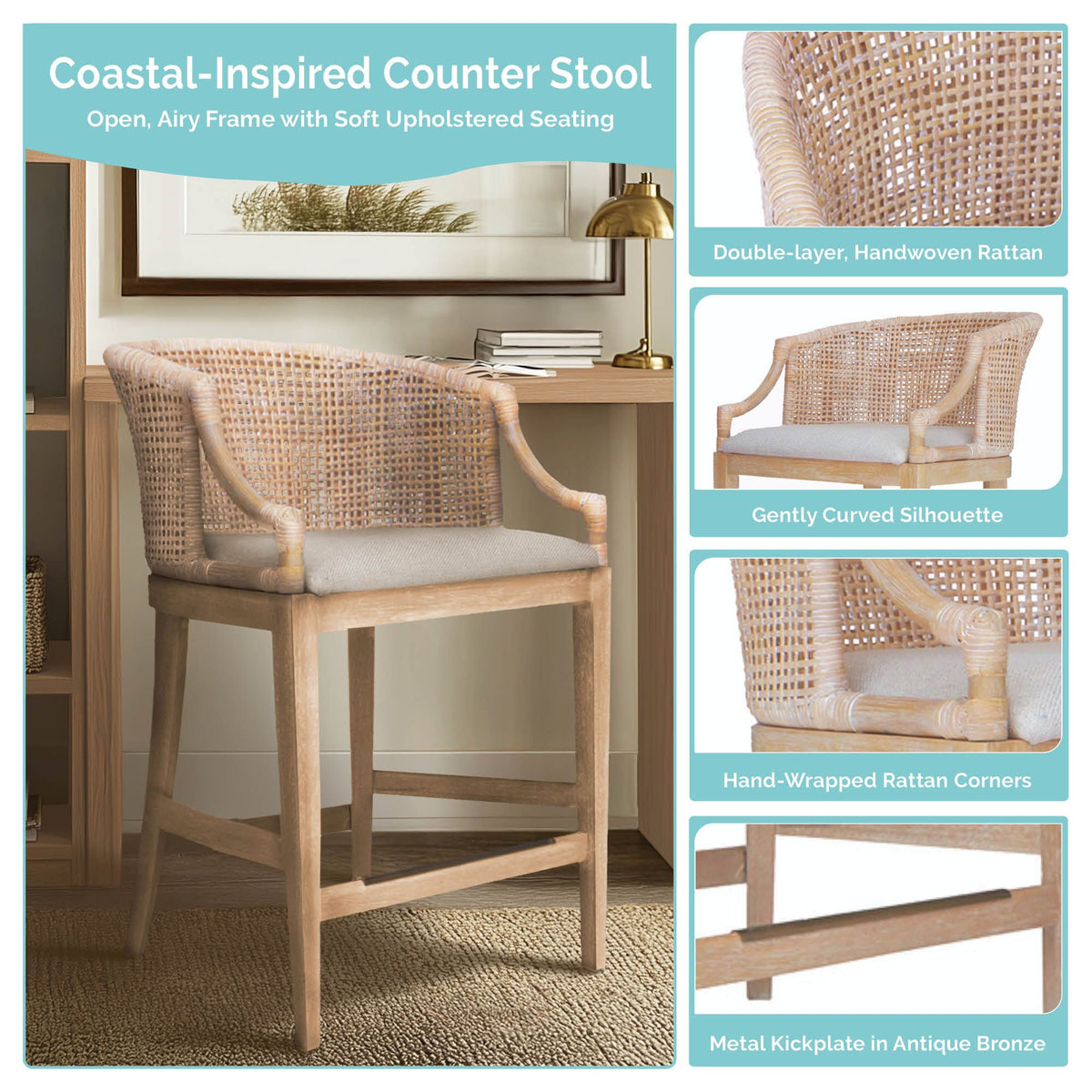 Playa Handcrafted Rattan & Wood Counter Stool 25" H - Natural