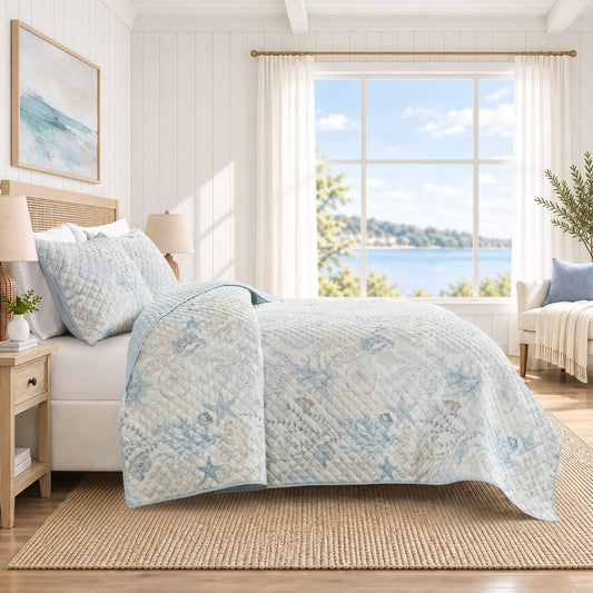 Sea Meadow Coastal Cotton Printed Quilt Set - Blue