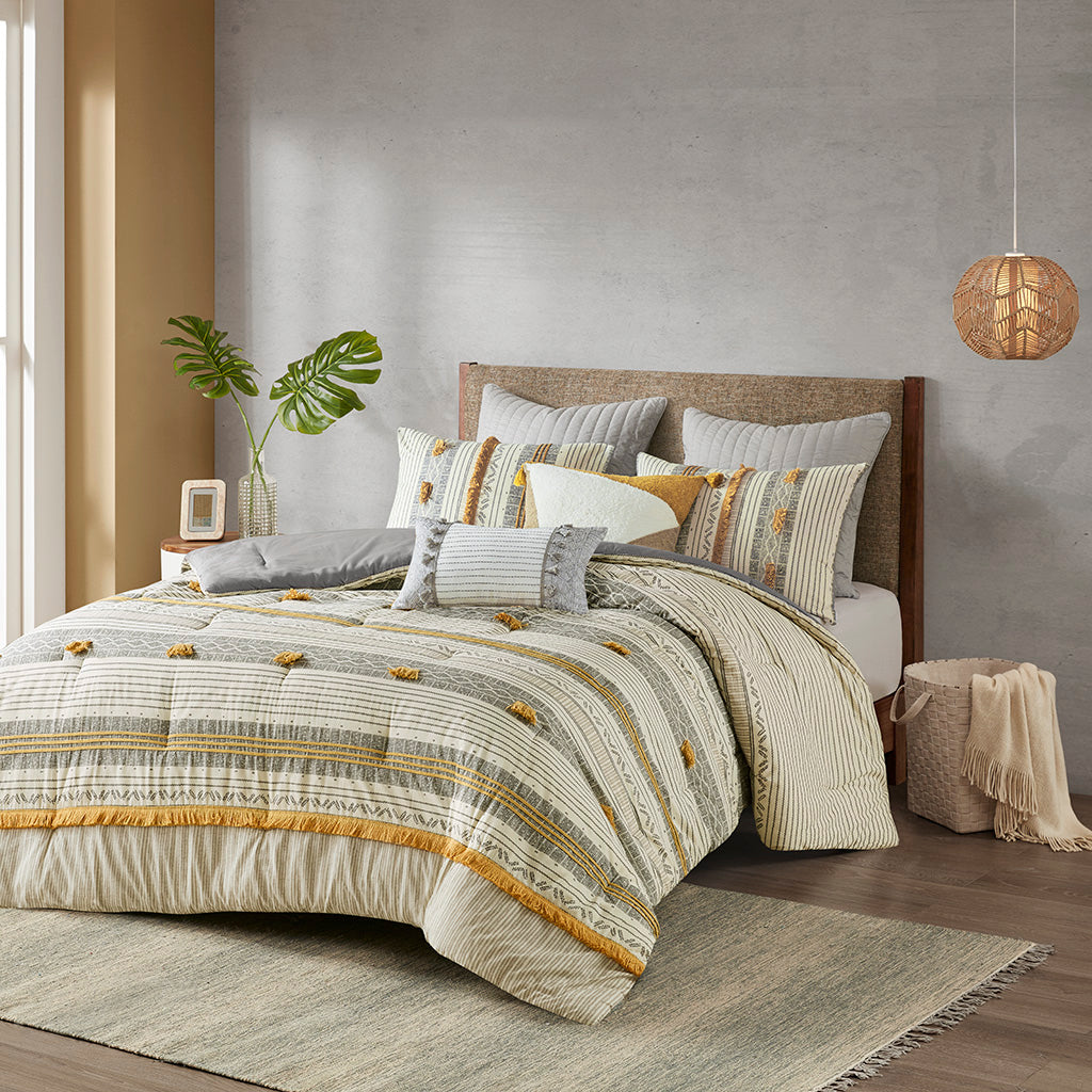 Cody 3 Piece Cotton Comforter Set - Gray/Yellow